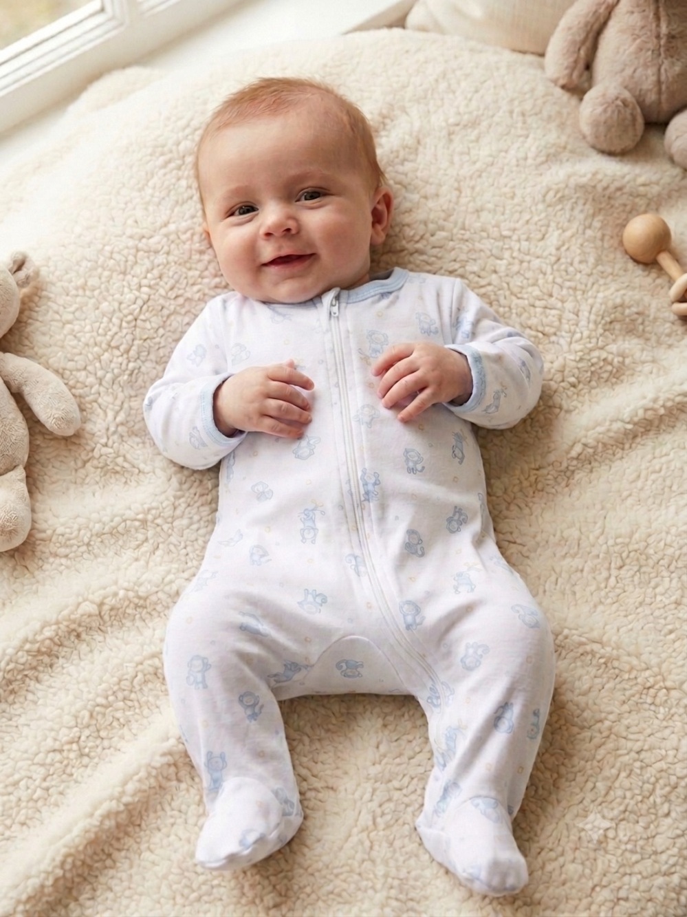 🎉 (Newborn) Little Me Blue Monkey Footed Zip Up Pajamas Sleeper
